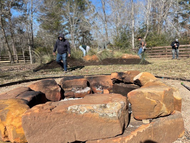 Flagstone patio and fire pit in Hill Country — before